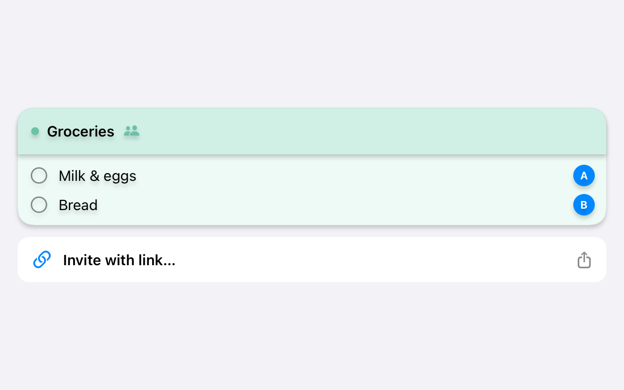 Shared list with collaborator stamps and invite link in ETasks