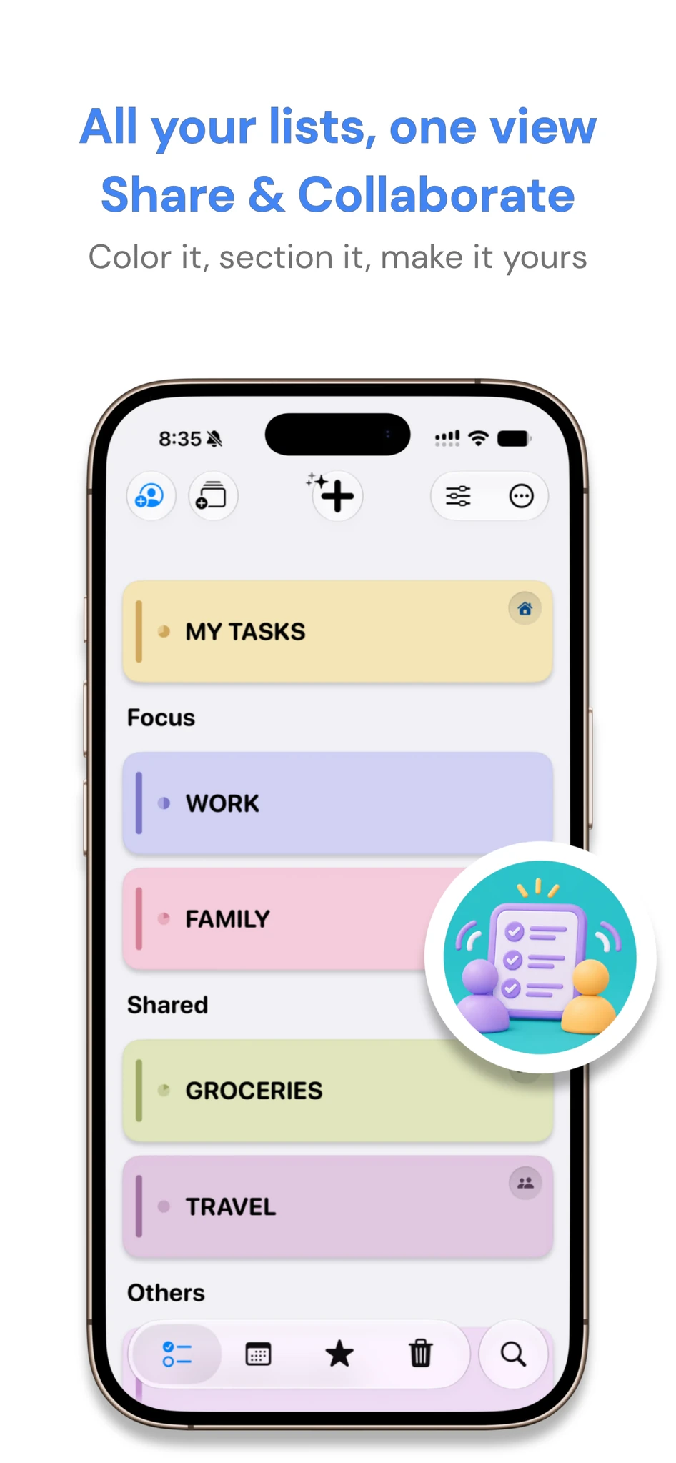 All your lists in one view, share and collaborate