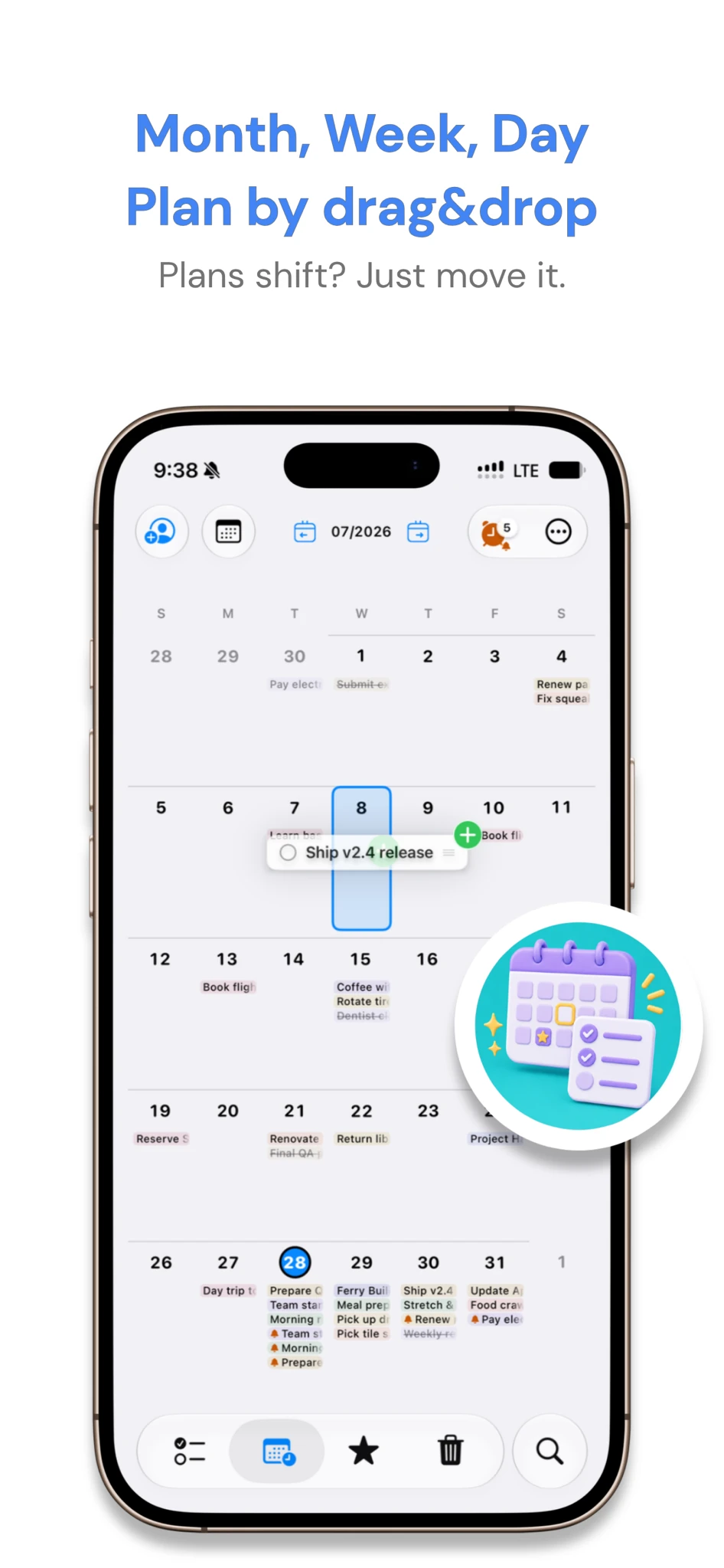 Calendar month view with drag-and-drop planning