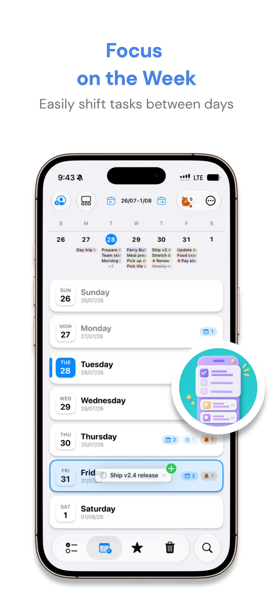 Calendar week view with drag-and-drop planning